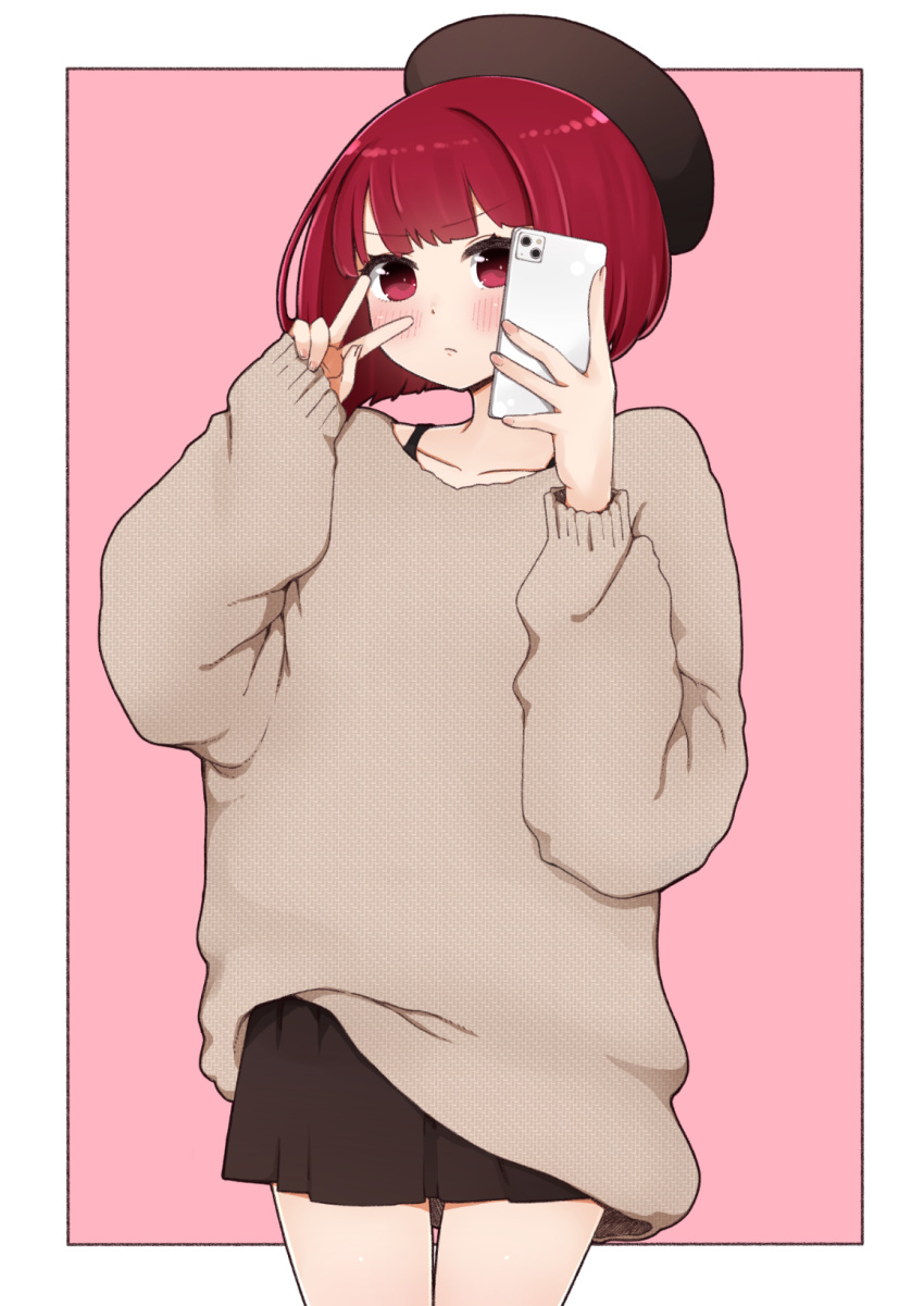 1girl arima_kana beret black_headwear black_skirt blush brown_sweater cellphone closed_mouth hands_up hat highres holding holding_phone i.u.y long_sleeves looking_at_viewer oshi_no_ko phone pinching_sleeves pink_background pleated_skirt puffy_long_sleeves puffy_sleeves red_eyes red_hair short_hair skirt sleeves_past_wrists solo standing sweater two-tone_background v white_background
