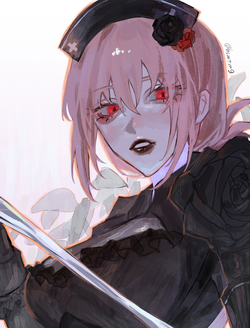 1girl bandages black_dress black_flower black_headwear black_lips black_rose blush breasts dress fate/grand_order fate_(series) florence_nightingale_(fate) florence_nightingale_(manor_of_repose)_(fate) flower ha_(pixiv22061631) hair_between_eyes hair_flower hair_ornament hat highres lipstick looking_at_viewer makeup medium_breasts medium_hair nurse nurse_cap parted_lips pink_hair red_eyes red_flower red_rose rose signature simple_background solo upper_body