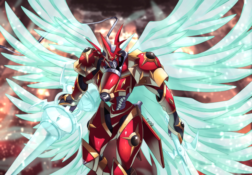 armor artist_name digimon digimon_(creature) dukemon_crimson_mode full_armor helmet highres holding holding_polearm holding_sword holding_weapon large_wings multiple_wings no_humans polearm red_armor ryo@ sword transparent_wings weapon wings yellow_eyes