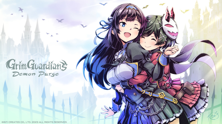 2girls blue_eyes breasts castle chain closed_eyes cloud cloudy_sky gal_guardians gal_gun_(series) hair_ornament hair_ribbon hairband hairclip highres hug hug_from_behind kamizono_maya kamizono_shinobu long_hair masanori_ito mask medium_breasts multiple_girls official_art official_wallpaper one_eye_closed open_mouth ribbon short_hair siblings sisters sky smile