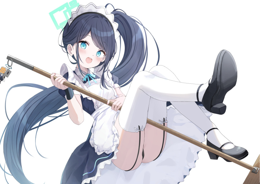 &lt;key&gt;_(robot)_(blue_archive) 1girl :d apron aris_(blue_archive) aris_(maid)_(blue_archive) ass black_dress black_footwear black_hair black_panties blue_archive blue_bow blue_eyes blush bow collared_dress commentary dress frilled_apron frills full_body garter_straps halo high_heels holding knee_up leg_up long_hair looking_at_viewer maid maid_apron panties puffy_short_sleeves puffy_sleeves saeki_sora shoe_soles short_sleeves side_ponytail simple_background smile solo swept_bangs teeth thighhighs underwear upper_teeth_only very_long_hair white_apron white_background white_thighhighs wrist_cuffs