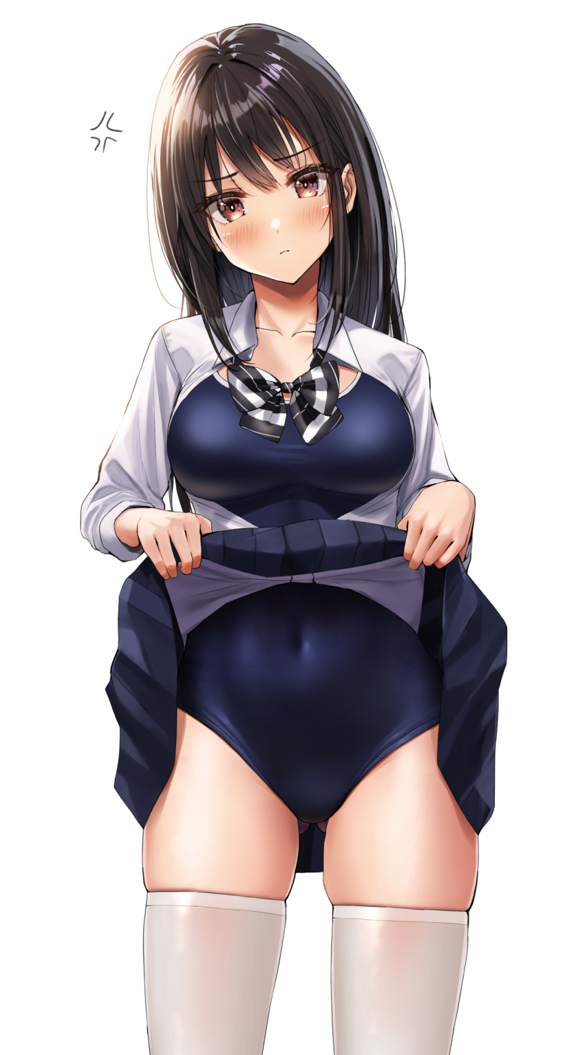 1girl angry blue_skirt blush bow bowtie breasts brown_eyes brown_hair collarbone highres large_breasts lifted_by_self long_hair looking_at_viewer open_clothes open_shirt original pleated_skirt school_swimsuit shirt simple_background skirt solo standing swimsuit swimsuit_under_clothes thighhighs uniform white_background white_shirt white_thighhighs yukemuriganmo zettai_ryouiki