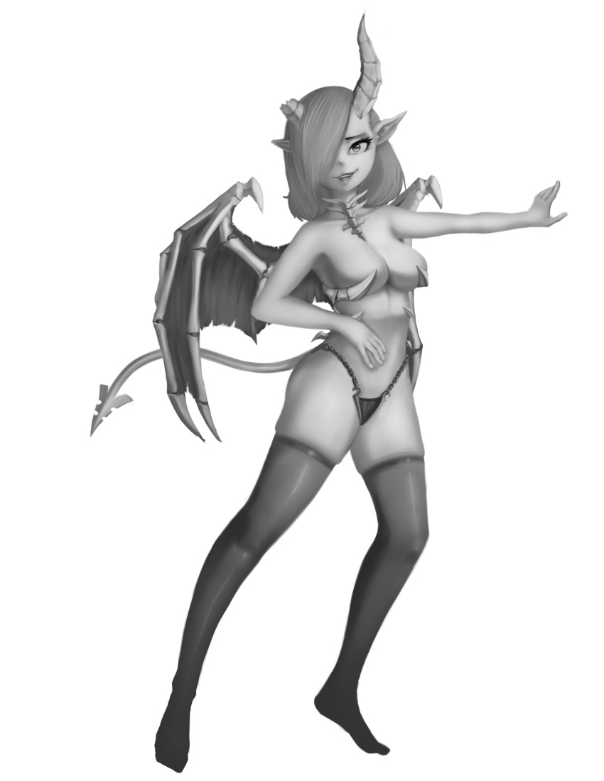 absurd_res alpha_channel breasts broken_horn clothing demon demon_humanoid enzea eyelashes female hair hair_over_eye hi_res horn humanoid humanoid_pointy_ears legwear membrane_(anatomy) membranous_wings monochrome one_eye_obstructed open_mouth open_smile panties simple_background skindentation smile solo spade_tail tail thick_thighs thigh_highs transparent_background underwear wide_hips winged_humanoid wings