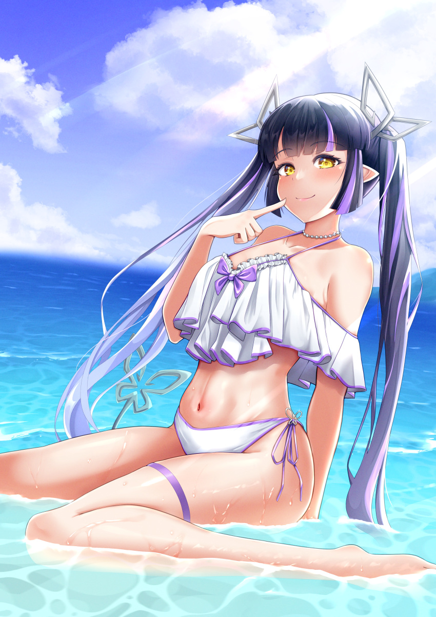 1girl absurdres alternate_costume bikini black_hair blue_sky blunt_bangs blush bow bow_bikini breasts caustics closed_mouth cloud commentary_request day demon_girl demon_horns demon_tail finger_to_cheek frilled_bikini frills full_body grey_horns highres horizon horns kojo_anna long_hair looking_at_viewer medium_bangs medium_breasts multicolored_hair nanashi_inc. navel outdoors partially_submerged pointy_ears purple_bow purple_hair robou_no_stone side-tie_bikini_bottom sitting sky smile solo sunlight swimsuit tail twintails two-tone_hair very_long_hair virtual_youtuber wariza water white_bikini yellow_eyes