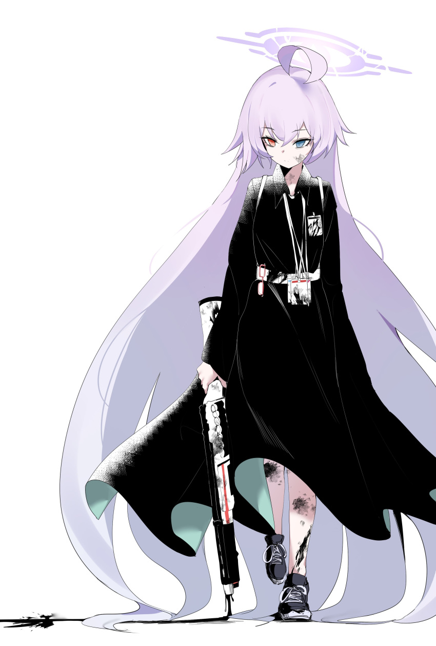 1girl absurdly_long_hair absurdres ahoge black_blood black_dress blood blue_archive broken_halo collared_dress dress glasses gun halo heterochromia highres holding holding_gun holding_weapon hoshino_(blue_archive) id_card long_hair long_sleeves plentyofempty shoes sneakers solo very_long_hair weapon white_background