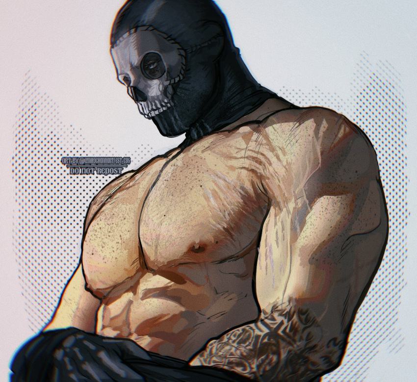 1boy abs arm_tattoo bara black_gloves call_of_duty call_of_duty:_modern_warfare_2 ghost_(modern_warfare_2) gloves highres large_pectorals male_focus mask muscular muscular_male nipples pectorals skull_mask solo tattoo twitter_username umikochannart undressing