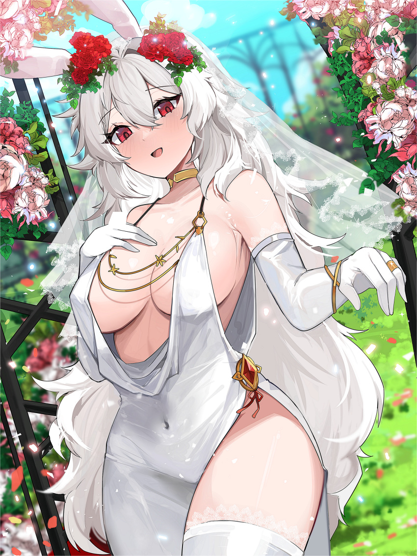 1girl :d absurdres animal_ears blue_sky blurry blurry_background breasts bridal_veil cloud collarbone covered_navel day dress elbow_gloves fence flower garden gloves gold_choker hair_between_eyes hair_flower hair_ornament highres korean_commentary long_hair looking_at_viewer mindoll original outdoors rabbit_ears red_eyes rose sky smile standing thighhighs underboob veil very_long_hair white_dress white_gloves white_hair white_thighhighs