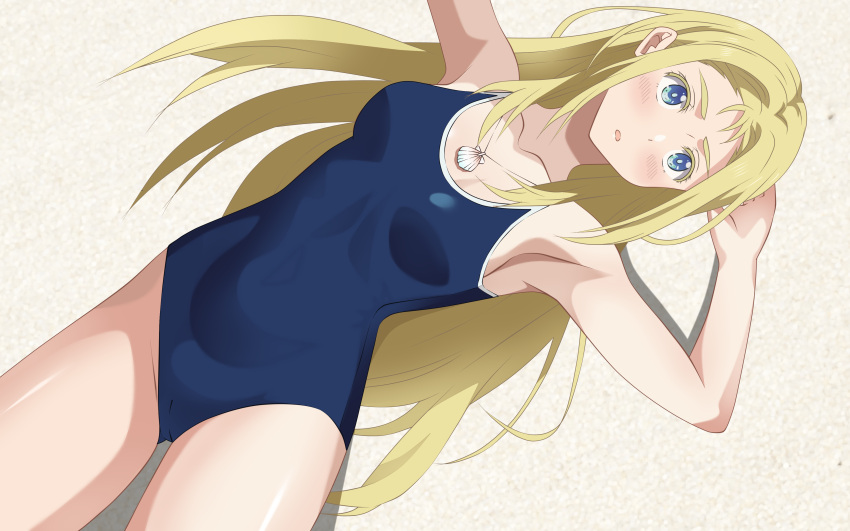 1girl absurdres achmad_faisal bare_arms blonde_hair blue_eyes blue_one-piece_swimsuit blush breasts commentary competition_school_swimsuit forehead highres jewelry kofune_ushio long_hair looking_at_viewer medium_breasts necklace one-piece_swimsuit open_mouth school_swimsuit seashell shell shell_necklace solo summertime_render swimsuit variant_set very_long_hair