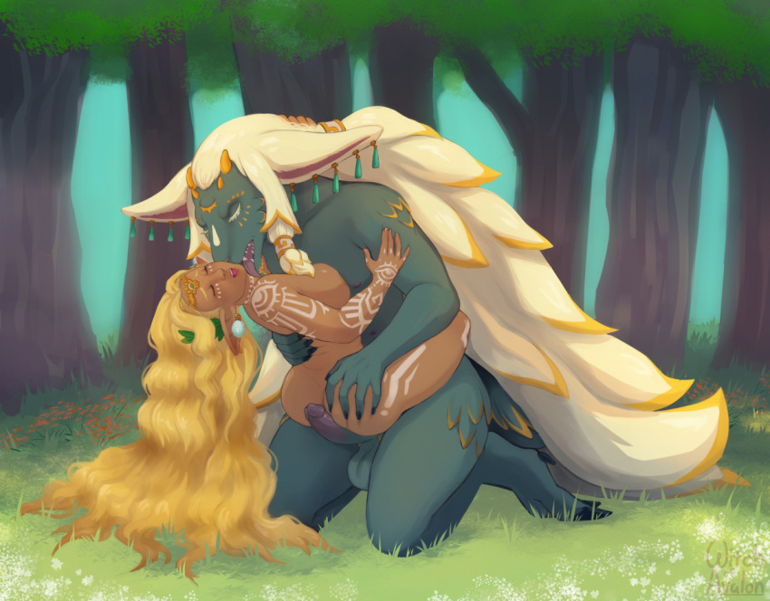 anthro balls black_body black_fur blonde_hair breasts duo eyes_closed female forest fur genitals hair hooves horn humanoid humanoid_pointy_ears hylian interspecies licking long_hair male male/female nintendo nipples nude outside penis plant rauru_(tears_of_the_kingdom) sonia_(tloz) tan_body tan_skin tears_of_the_kingdom the_legend_of_zelda tongue tongue_out tree white_hair witchofavalon zonai