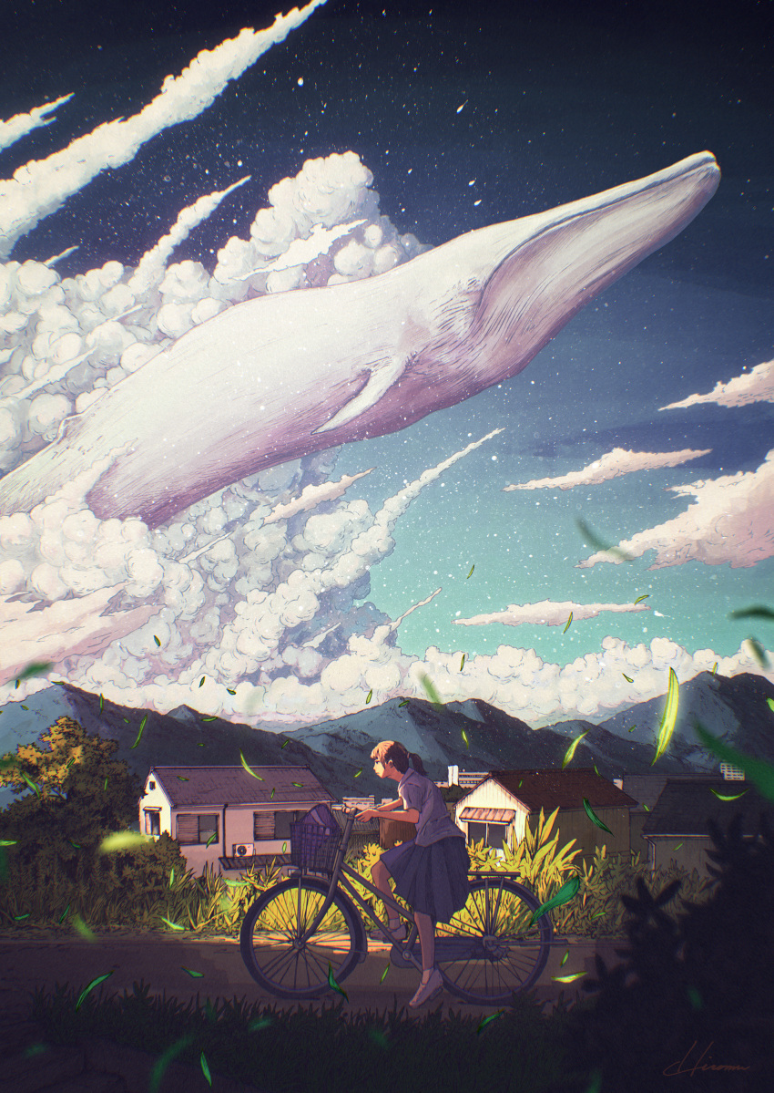1girl absurdres bicycle blue_skirt blue_sky building cloud cloudy_sky collared_shirt cumulonimbus_cloud day floating highres hiromumaru leaf mountain original outdoors shirt shoes short_sleeves skirt sky solo surreal tree whale white_shirt wide_shot