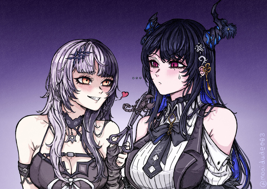 ... 2girls :/ absurdres ascot bare_shoulders black_ascot black_choker blush breasts choker cleavage colored_inner_hair demon_horns feeding fingerless_gloves gloves gradient_background grin hair_ornament heart highres holding holding_scissors hololive hololive_english horns large_breasts light_frown long_hair looking_at_another moaidude003 mole mole_under_eye multicolored_hair multiple_girls nerissa_ravencroft red_eyes scissors scorpion shiori_novella smile split-color_hair spoken_ellipsis spoken_heart sweatdrop teeth two-tone_hair virtual_youtuber yellow_eyes