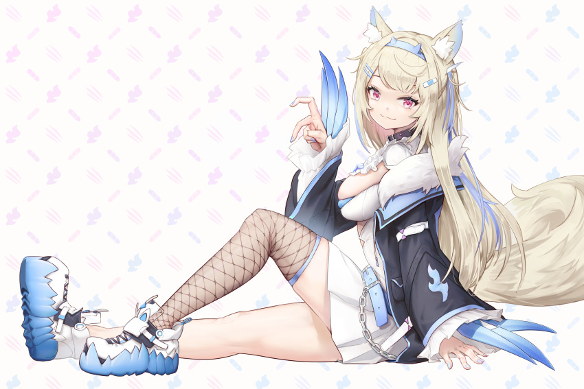 1girl animal_ear_fluff animal_ears belt belt_collar black_collar black_jacket blonde_hair blue_belt blue_hair blue_nails breasts cleavage_cutout clothing_cutout collar dog_ears dog_girl dog_tail dress fake_claws fur-trimmed_jacket fur_trim fuwawa_abyssgard hair_ornament hairpin highres hololive hololive_english jacket large_breasts long_hair looking_at_viewer multicolored_hair nail_polish pink_hair qiaogun_damodao shoes single_fishnet_legwear smile sneakers solo spiked_collar spikes streaked_hair tail virtual_youtuber white_dress white_footwear