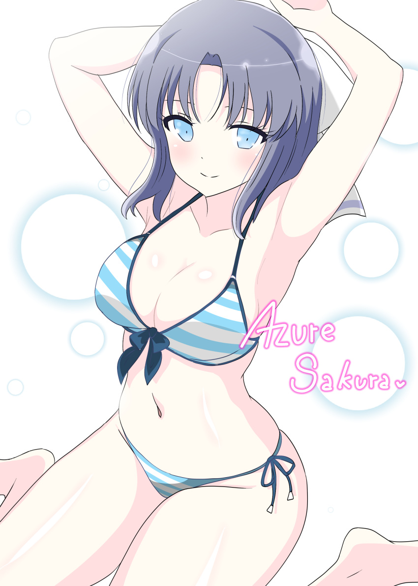 1girl absurdres armpits arms_up artist_name azuresakura blue_eyes bow breasts cleavage closed_mouth collarbone grey_hair hair_bow highres large_breasts looking_at_viewer navel senran_kagura short_hair sitting smile solo stomach wariza yumi_(senran_kagura)