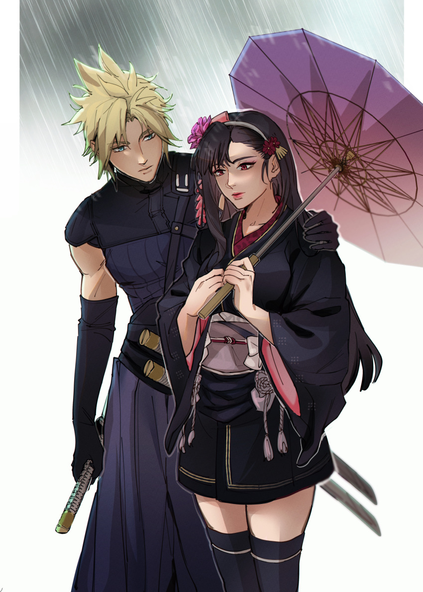 1boy 1girl black_gloves black_hair black_kimono black_thighhighs blonde_hair blue_eyes closed_mouth cloud_strife commentary cowboy_shot elbow_gloves english_commentary final_fantasy final_fantasy_vii final_fantasy_vii_ever_crisis final_fantasy_vii_remake flower gloves hair_behind_ear hair_flower hair_ornament hakama hakama_pants hand_on_another's_shoulder highres holding holding_sword holding_umbrella holding_weapon japanese_clothes katana kimono long_hair long_sleeves looking_at_another obi official_alternate_costume oil-paper_umbrella pants pudelmudel rain red_eyes red_flower red_lips samurai sash sheath sheathed short_kimono single_sidelock spiked_hair swept_bangs sword thighhighs tifa_lockhart tifa_lockhart's_exotic_dress turtleneck umbrella weapon wide_sleeves zettai_ryouiki