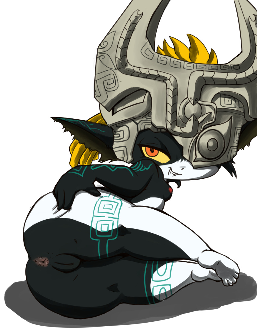 anus butt butt_squish female genitals grin hand_on_butt hi_res humanoid humanoid_pointy_ears imp looking_at_viewer lying markings midna nintendo not_furry on_side pussy rear_view simple_background smile solo squish the_legend_of_zelda twili twilight_princess vono white_background