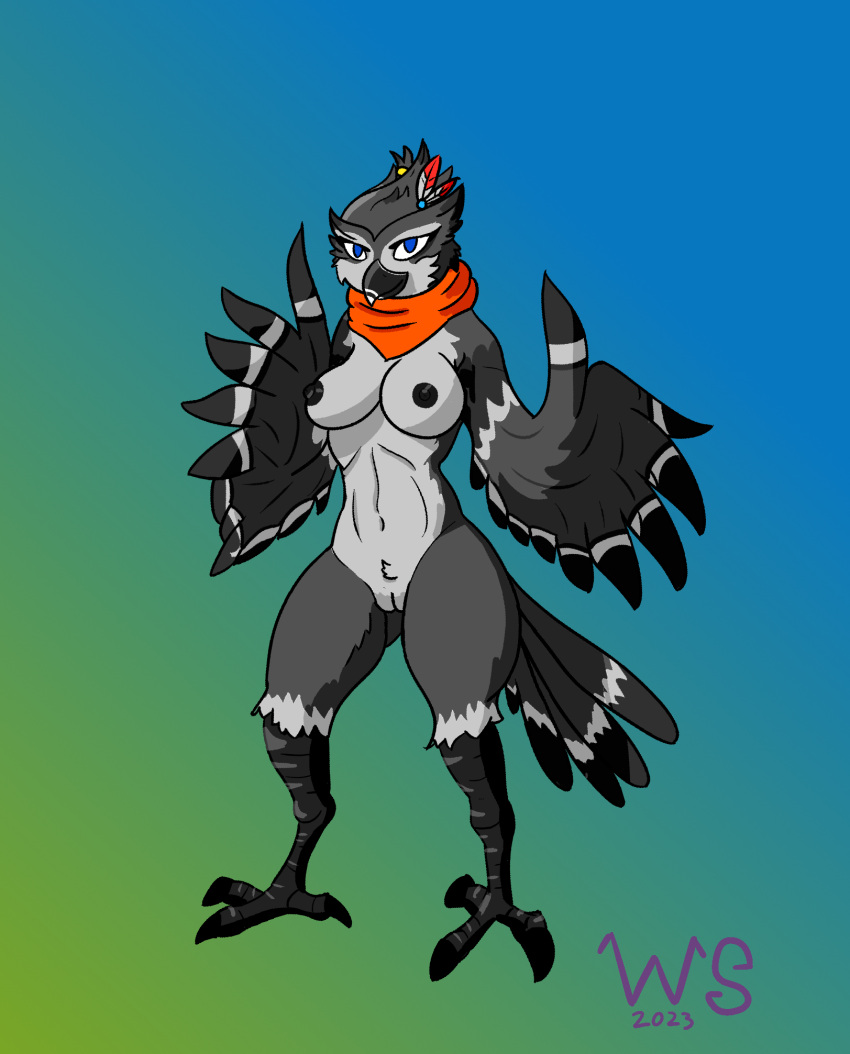 anthro avian avian_feet beak breasts fan_character feathers female genitals grey_body hi_res medium_breasts nintendo nipples pussy rito scarf solo the_legend_of_zelda winter_sunshine