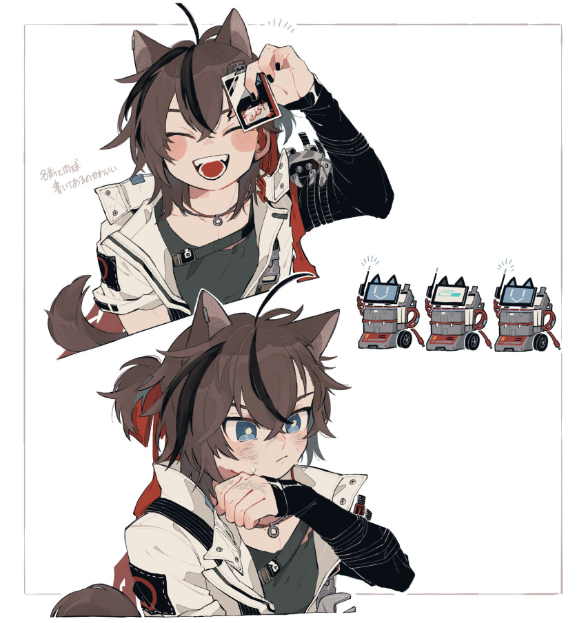 1boy :&gt; animal_ears arknights black_hair black_nails blue_eyes blush border bright_pupils brown_hair cat_boy cat_ears cat_tail commentary_request cropped_torso dirty dirty_face grey_shirt highres holding id_card jacket jewelry looking_at_viewer looking_to_the_side male_focus multicolored_hair multiple_views nail_polish necklace open_clothes open_jacket open_mouth red_hair remu_(kudarizaka_25) robot shirt short_ponytail simple_background smile stainless_(arknights) streaked_hair tail translation_request upper_body white_background white_jacket white_pupils wrench