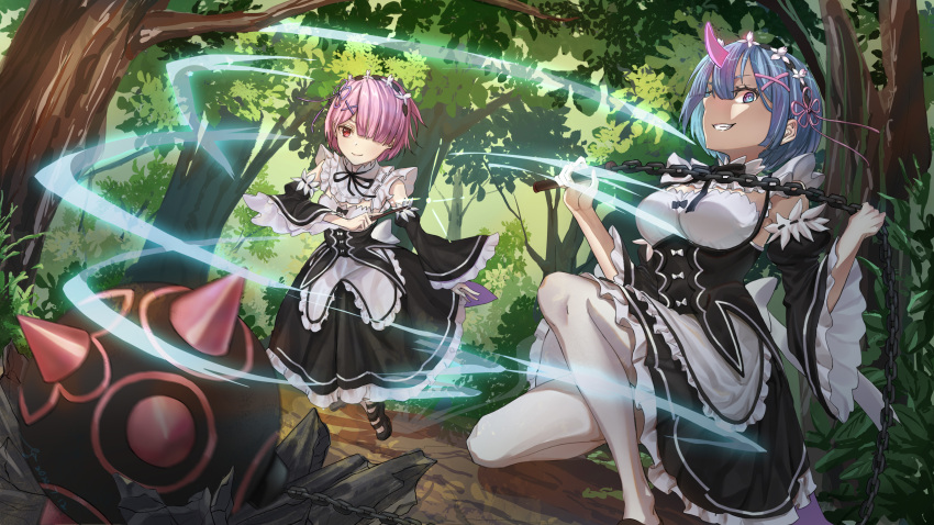 2girls absurdres apron black_footwear blue_eyes blue_hair bob_cut branch breasts bright_pupils chain detached_sleeves dress evil_grin evil_smile fighting forest frilled_dress frilled_sleeves frills glowing_horns grass grin hair_ornament hair_over_one_eye highres holding holding_chain horns joker_(jjjokerrr233) leaf light_smile looking_at_viewer maid maid_apron maid_headdress medium_breasts motion_blur motion_lines multiple_girls nature on_one_knee outdoors pantyhose pink_eyes pink_hair pink_ribbon purple_ribbon ram_(re:zero) re:zero_kara_hajimeru_isekai_seikatsu rem_(re:zero) ribbon ribbon-trimmed_clothes ribbon_trim roswaal_mansion_maid_uniform short_hair siblings single_horn small_breasts smile tree twins two-tone_dress waist_apron white_apron white_pantyhose white_pupils wide_shot wide_sleeves x_hair_ornament