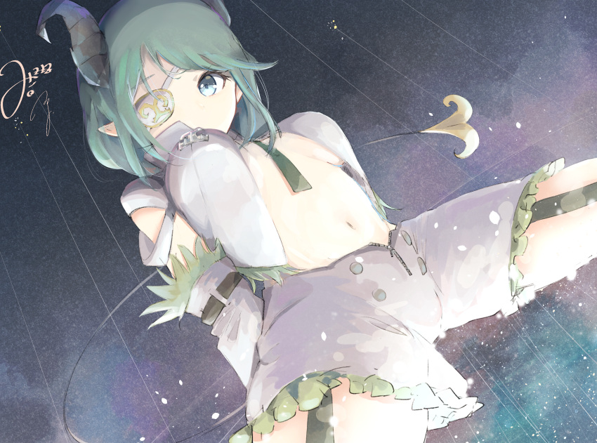 1girl absurdres between_breasts blue_eyes breasts commentary_request cowboy_shot curled_horns demon_girl demon_horns demon_tail detached_sleeves eyepatch frilled_shorts frills green_necktie grey_horns grey_shirt grey_shorts highres honey_strap horns looking_at_viewer medium_bangs nanashi_inc. navel necktie necktie_between_breasts ogura_tubuan open_clothes open_shirt pointy_ears sekishiro_mico shirt short_hair shorts solo tail virtual_youtuber zipper
