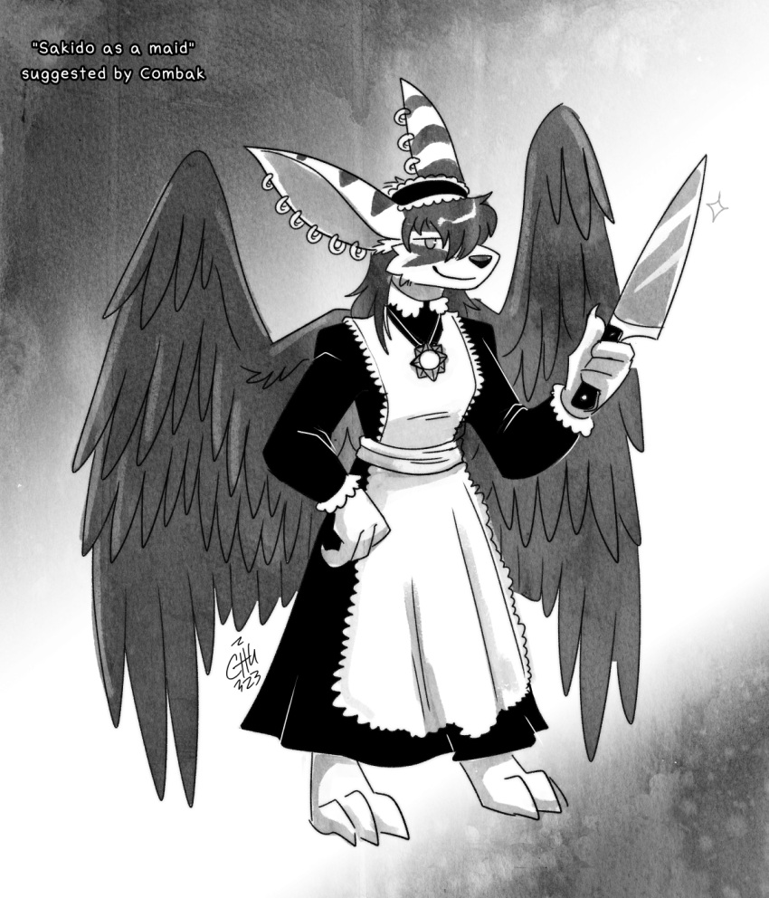 anthro big_ears clothing demon ear_piercing ear_ring feet female hand_on_hip hi_res holding_knife holding_object knife maid_uniform pendant piercing ring_piercing sakido_elexion slightly_damned smile solo the-chu uniform webcomic wings