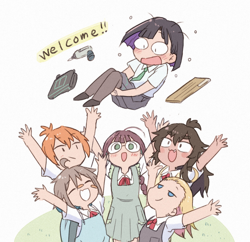 6+girls :3 apron black_hair blonde_hair blue_eyes brown_hair chibi colored_inner_hair do_it_yourself!! fang glasses hikage_takumi juliet_queen_elizabeth_viii kouki_kokoro light_brown_hair long_hair multicolored_hair multiple_girls orange_hair purple_hair school_uniform short_hair simple_background suride_miku tsubobot two-tone_hair yasaku_rei yua_serufu