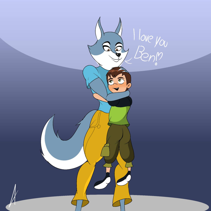 &lt;3 2022 age_difference anthro ben_10 ben_tennyson black_clothing black_footwear black_nose black_shoes blue_background blue_body blue_clothing blue_fur blue_shirt blue_topwear blush bottomwear brown_hair canid canine canis cartoon_network clothing dialogue digital_media_(artwork) duo embrace female footwear fur green_clothing green_eyes green_shirt green_topwear grey_body grey_fur hair hand_on_head hi_res holding_another hug human illumination_entertainment larger_anthro larger_female looking_down_at_another looking_up_at_another male male/female mammal older_anthro older_female pants porsha_crystal shirt signature simple_background sing_(movie) size_difference smaller_human smaller_male talking_to_another taller_female text topwear unknown_artist wolf yellow_bottomwear yellow_clothing yellow_eyes yellow_pants younger_human younger_male