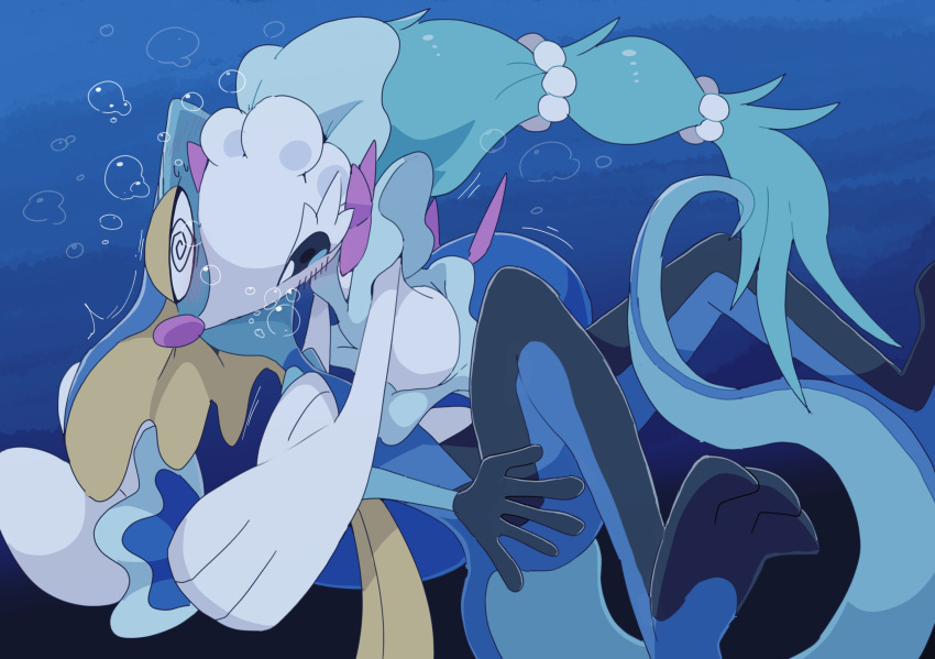 ambiguous_gender anthro blue_hair blush bodily_fluids bubble deep_kiss duo generation_7_pokemon generation_8_pokemon hair hi_res inteleon long_tail mammal marine nintendo pinniped pokemon pokemon_(species) primarina scalie spiral_eyes sweat tail underwater water winte