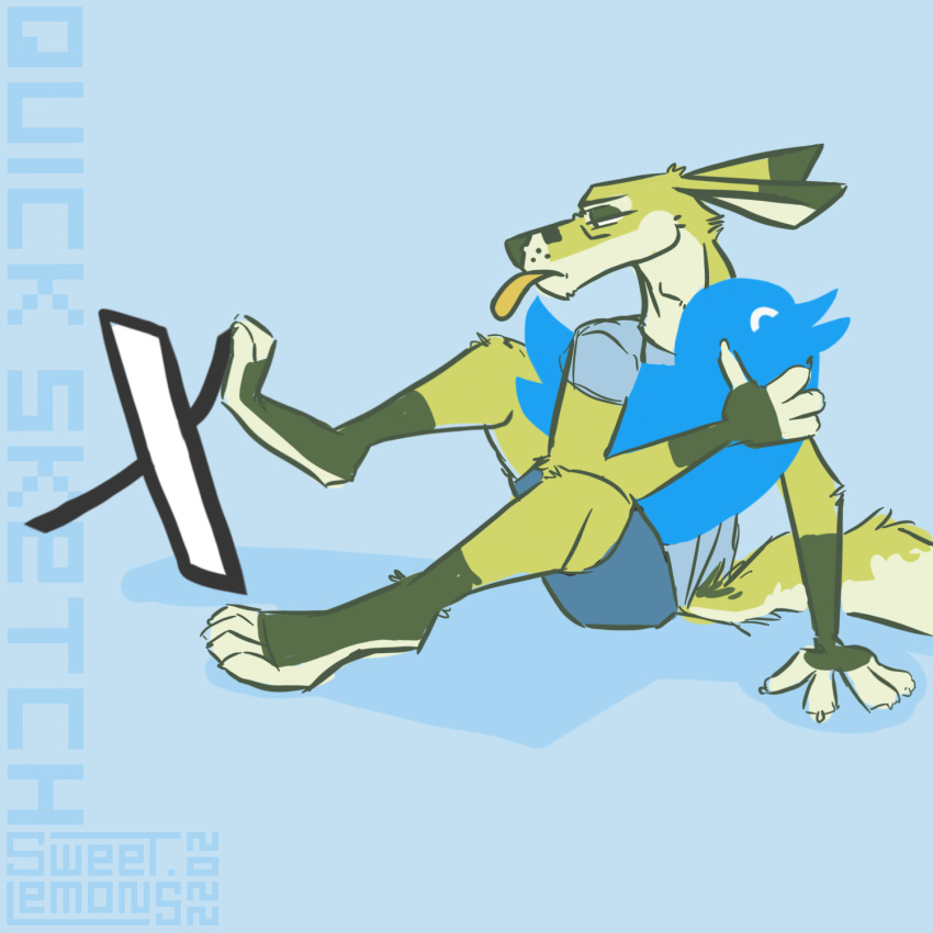 1:1 2023 3_toes 4_fingers 4_toes anthro blue_background canid canine claws dark_body dark_fur dark_nose digital_drawing_(artwork) digital_media_(artwork) digital_painting_(artwork) disgust eyebrows feet fingers fluffy fluffy_tail fox fur fur_markings green_body green_fur half-closed_eyes hi_res holding_object kangaroo lemon_(sweet.lemons) lime_fur logo long_ears long_tail macropod male mammal markings marsupial multicolored_body multicolored_fur narrowed_eyes orange_body orange_fur shaded signature simple_background simple_coloring simple_eyes simple_shading sitting sketch sketchy snout solo sweet.lemons tail tan_body tan_fur thick_tail toes tonbue tongue tongue_out twitter twitter_logo two_tone_body two_tone_fur two_tone_tail whisker_markings whisker_spots x_(social_media) x_corporation