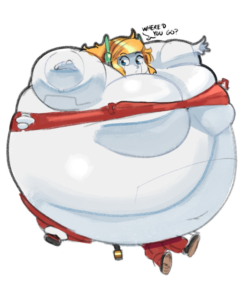 belly big_belly big_breasts blonde_hair blue_eyes bottomwear breasts cave_story clothing curly_brace dialogue duo female hair hi_res huge_breasts humanoid hyper hyper_belly hyper_breasts inflation machine male nuumatic pants quote_(cave_story) robot robot_humanoid simple_background speech_bubble stuck text topwear wardrobe_malfunction white_body