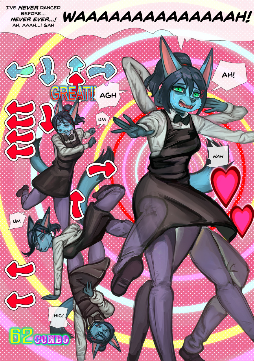 &lt;3 2023 anthro bemani black_clothing black_dress black_hair blue_body blue_fur bodily_fluids bow_tie canid canine canis circle_background clothing combo corablue_(character) crying dance_dance_revolution dancing dialogue digital_media_(artwork) dress english_text female fur gameplay_mechanics general-irrelevant green_eyes hair hi_res jackal konami looking_at_viewer mammal on_one_leg open_mouth solo standing tail tears text