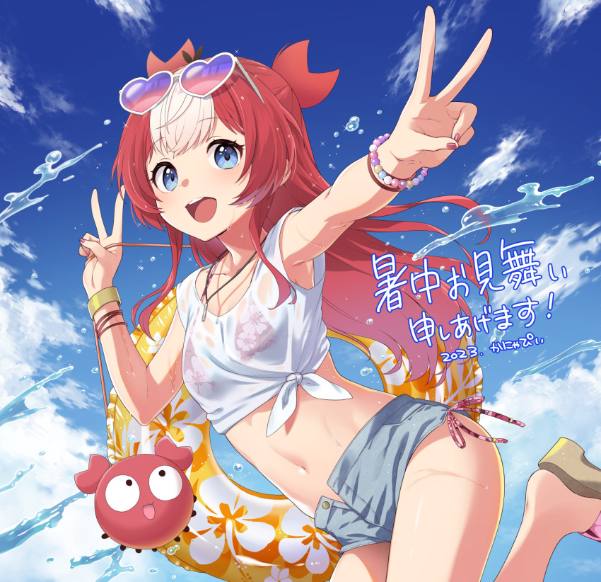1girl artist_self-insert bikini bikini_under_clothes blue_eyes blue_sky bracelet breasts cloud commentary_request crop_top day double_v eyewear_on_head heart heart-shaped_eyewear highres innertube jewelry kanya_pyi leg_up long_hair looking_at_viewer multicolored_hair navel open_mouth original outdoors red_hair shirt short_shorts shorts sky small_breasts smile solo swimsuit tied_shirt translation_request two-tone_hair v wet wet_clothes white_hair