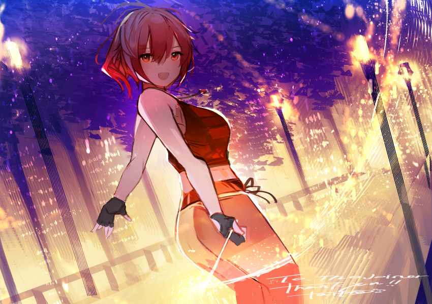 1girl absurdres ass bare_arms bare_shoulders black_gloves breasts commentary_request commission crop_top fingerless_gloves from_side gloves hair_between_eyes highres lamppost looking_at_viewer looking_to_the_side medium_breasts midriff pants red_eyes red_hair red_pants red_shirt shirt skeb_commission sleeveless sleeveless_shirt solo tarbo_(exxxpiation) tree