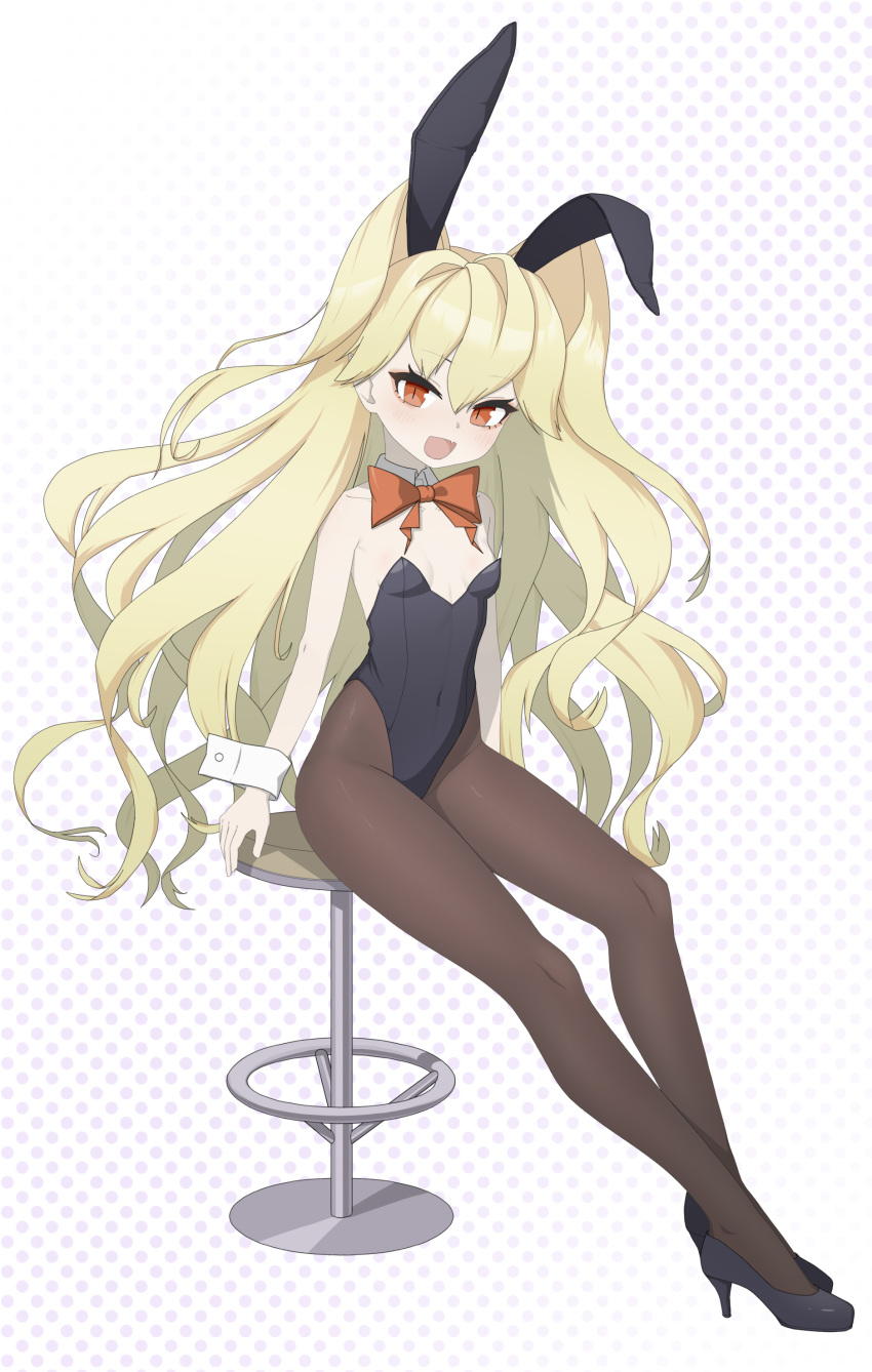 1girl absurdres animal_ears black_footwear black_leotard black_pantyhose blonde_hair bow bowtie breasts character_request clover_theater detached_collar high_heels highres leotard long_hair pantyhose playboy_bunny polka_dot polka_dot_background rabbit_ears red_eyes sitting small_breasts solo stool strapless strapless_leotard two_side_up white_background wrist_cuffs zhuan_a_zhuan