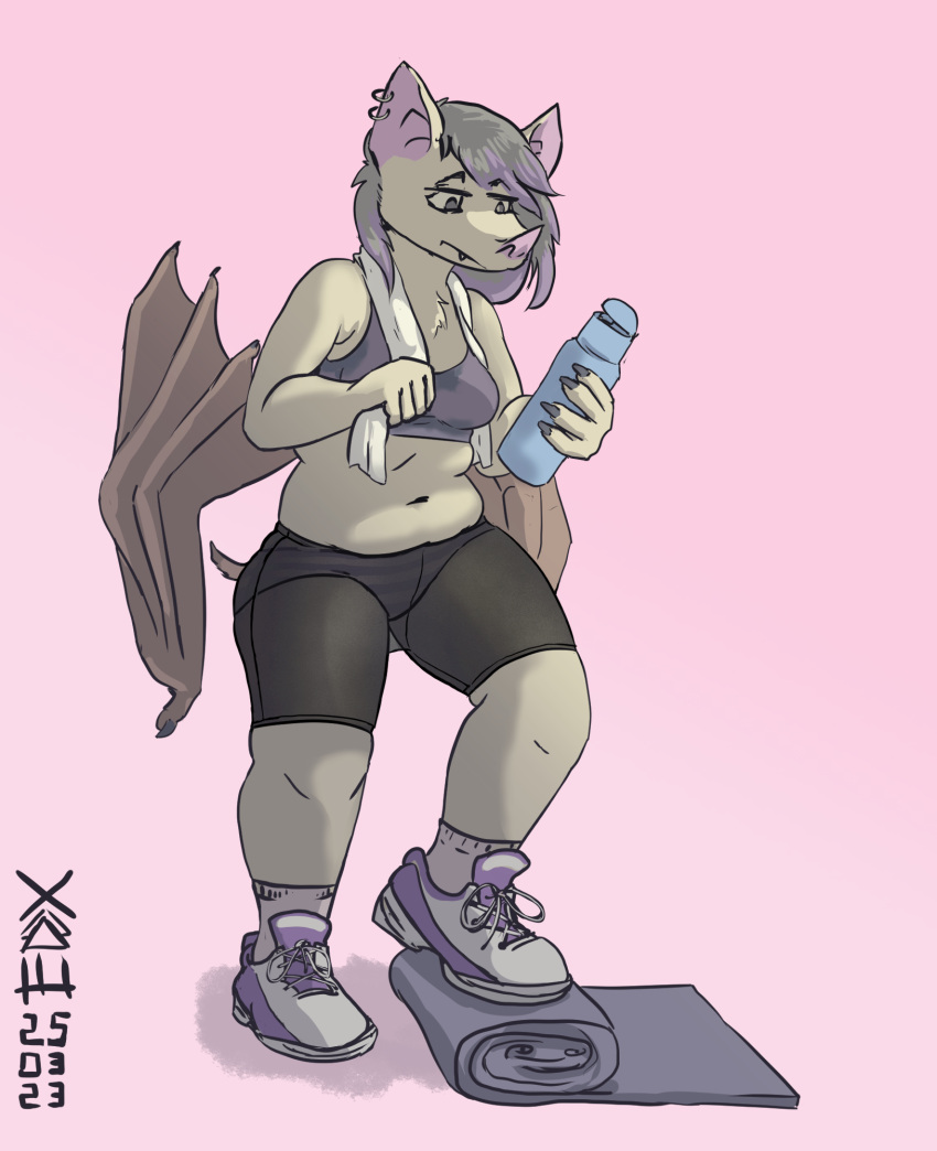 anthro bat bat_wings bottle bottomwear breasts clothing container ear_piercing ear_ring eddx fangs female footwear fur grey_clothing grey_eyes grey_footwear grey_hair grey_socks hair hi_res highlights_(coloring) mammal membrane_(anatomy) membranous_wings panties pattern_bottomwear pattern_clothing pattern_panties pattern_underwear piercing pink_background purple_clothing purple_footwear purple_highlights purple_panties purple_shoes purple_topwear purple_underwear ring_piercing shoes simple_background slightly_chubby socks solo striped_bottomwear striped_clothing striped_panties striped_underwear stripes tasha_(blueregardtwo) teeth thick_thighs topwear translucent translucent_bottomwear translucent_clothing underwear water_bottle white_body white_fur wide_hips wings