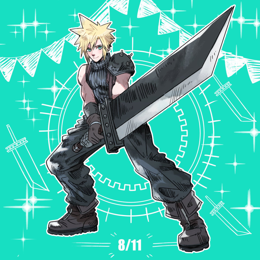 1boy armor baggy_pants black_footwear black_gloves blonde_hair blue_eyes boots buster_sword closed_mouth cloud_strife commentary_request dated fighting_stance final_fantasy final_fantasy_vii final_fantasy_vii_remake full_body gloves highres holding holding_sword holding_weapon huge_weapon looking_at_viewer male_focus nnnmmg0725 pants ribbed_sweater short_hair shoulder_armor single_bare_shoulder sleeveless sleeveless_turtleneck smile solo sparkle spiked_hair standing suspenders sweater sword toned toned_male turtleneck turtleneck_sweater weapon