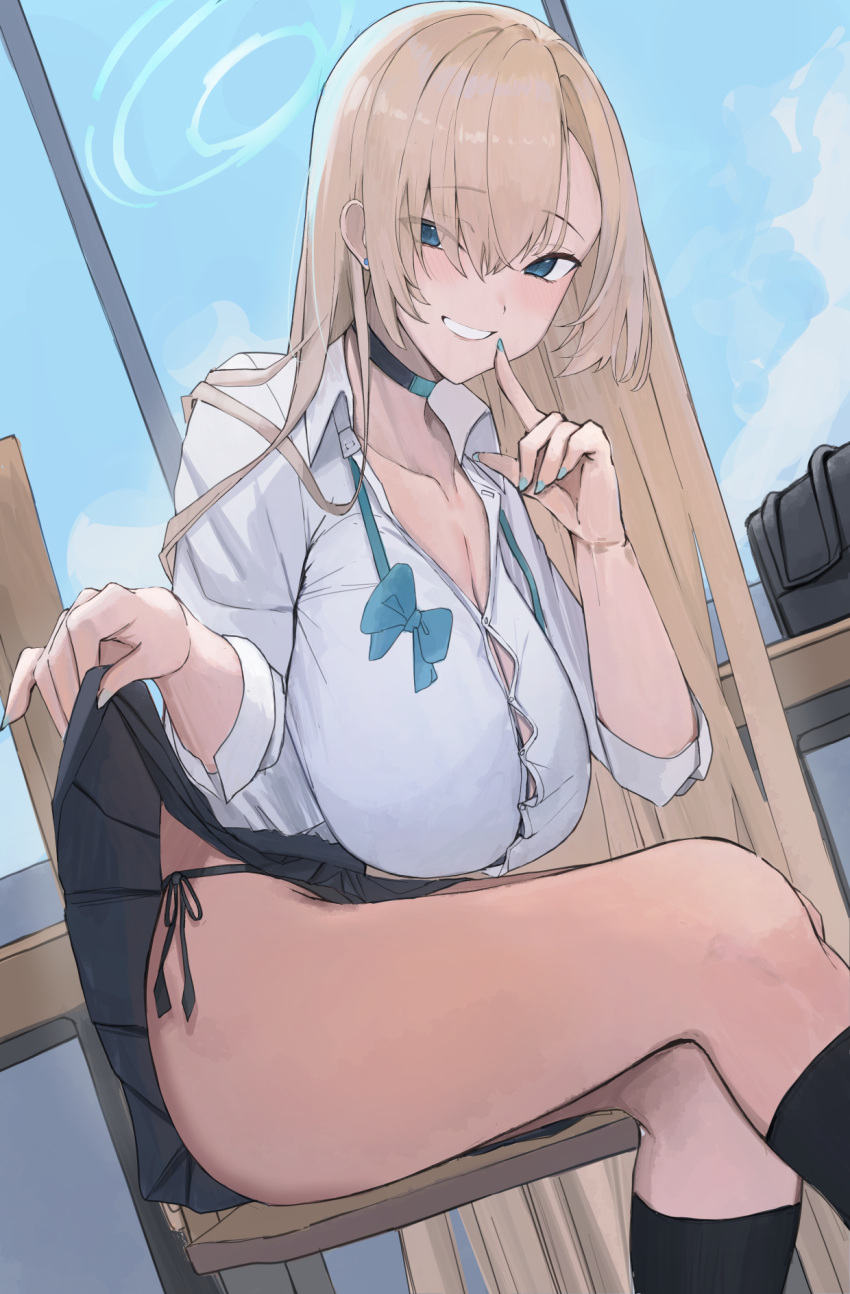 1girl asuna_(blue_archive) asymmetrical_bangs black_panties black_skirt black_socks blue_archive breasts button_gap classroom cleavage collarbone earrings feet_out_of_frame finger_to_mouth fingernails halo highres huge_breasts indoors jewelry kneehighs light_brown_hair long_hair looking_at_viewer looking_to_the_side nail_polish open_collar panties pleated_skirt ref_(pmxt4483) sagging_breasts school_uniform shirt side-tie_panties sitting skirt socks solo straight_hair stud_earrings underwear undone_bowtie very_long_hair white_shirt
