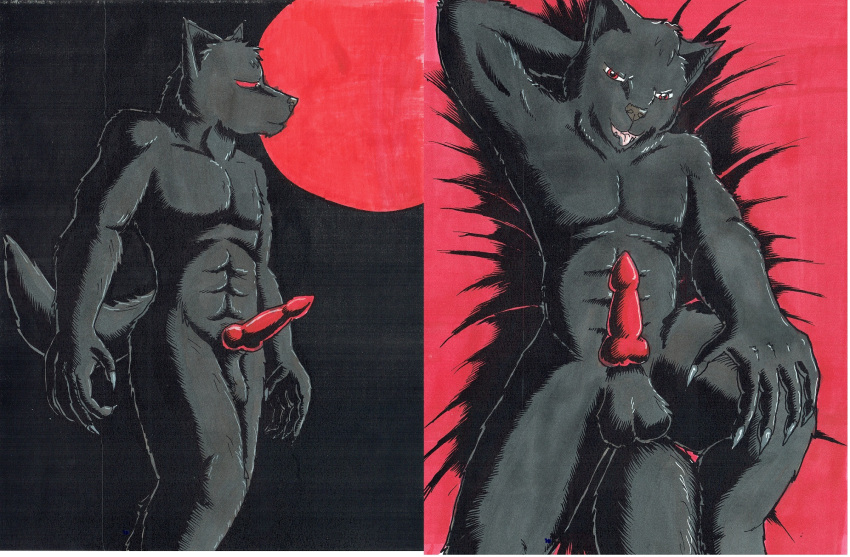 animal_genitalia anthro aroused balls canid canine canine_genitalia canis dire_wolf fan_character genitals hi_res lying male mammal night nude nyghtmar3 on_back penis solo standing traditional_media_(artwork) wolf