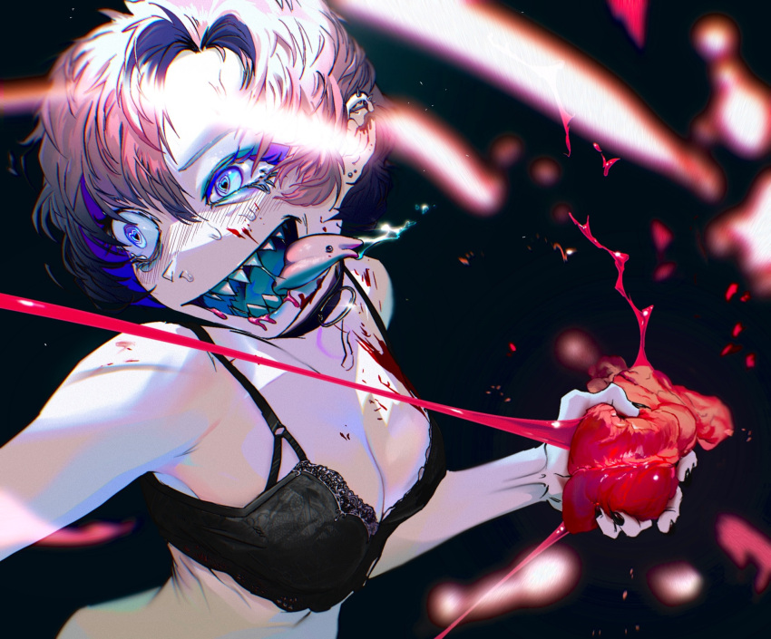 1girl black_background black_bra black_collar blood blood_on_chest blood_on_face blue_eyes blush bra breasts collar commentary ear_piercing earrings forked_tongue grey_hair heart heart-shaped_pupils heart_(organ) highres holding holding_heart huminsho industrial_piercing jewelry lace-trimmed_bra lace_trim long_tongue medium_breasts nose_blush open_mouth original pale_skin piercing saliva sharp_teeth short_hair solo stud_earrings symbol-only_commentary symbol-shaped_pupils teeth tongue tongue_out tongue_piercing underwear upper_body