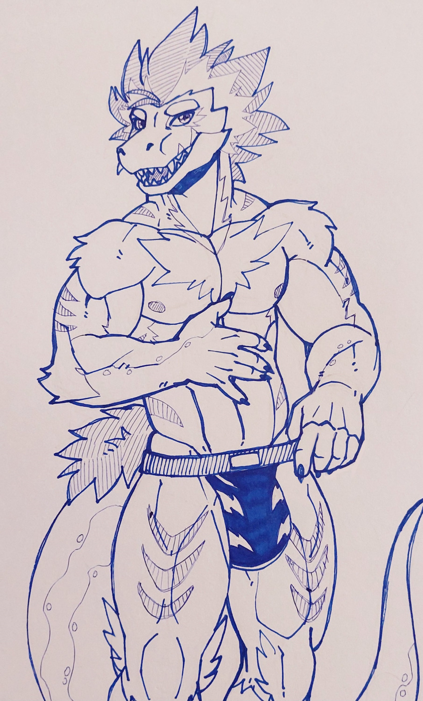 absurd_res anthro athletic athletic_anthro athletic_male clothed clothing dinosaur dromaeosaurid hair hi_res jockstrap male nameless00 nipples pecs reptile scalie solo theropod topless traditional_media_(artwork) underwear