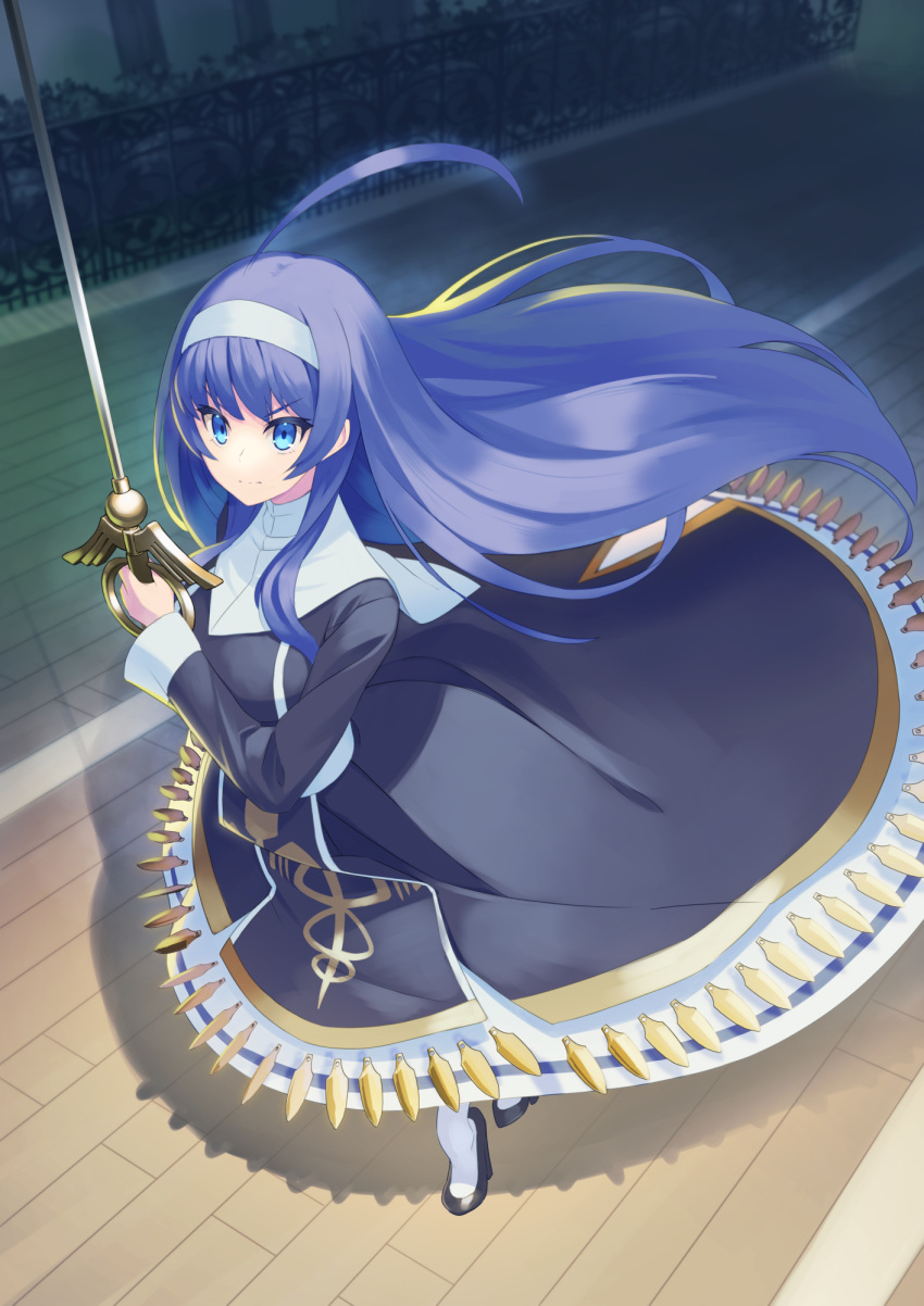 1girl blue_eyes blue_hair dress hairband highres koyama_keisuke long_hair looking_at_viewer night orie_(under_night_in-birth) outdoors rapier solo sword under_night_in-birth very_long_hair weapon white_hairband