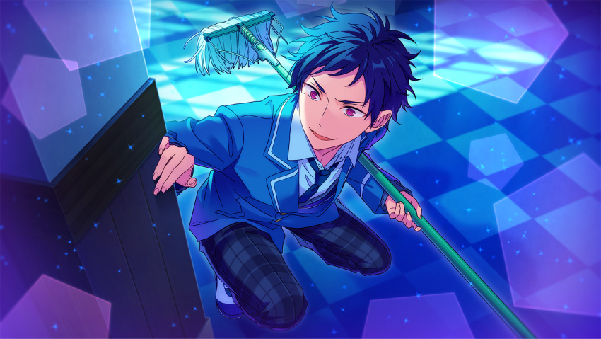 1boy blazer blue_hair blue_jacket blue_necktie collared_shirt dark_blue_hair ensemble_stars! fingernails fushimi_yuzuru gang_(ensemble_stars!) happy_elements holding holding_mop jacket lapels male_focus mole mole_under_eye mop necktie notched_lapels official_art open_collar open_mouth pants plaid plaid_pants purple_hair school_uniform shirt short_bangs short_hair solo squatting third-party_source yumenosaki_school_uniform