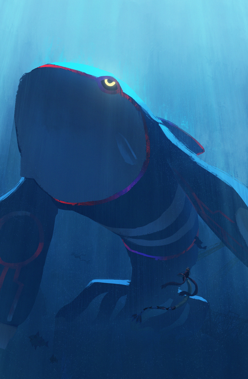 1other absurdres asteroid_ill black_pants blue_theme diving_mask full_body glowing glowing_eyes goggles highres jacket kyogre light_rays long_sleeves looking_up milotic no_humans orange_jacket pants pokemon pokemon_(creature) shadow size_difference underwater veluza very_wide_shot