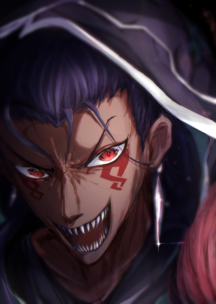 1boy :d angry black_background blue_hair close-up collarbone crazy_eyes cu_chulainn_(fate) cu_chulainn_alter_(fate) dark_blue_hair earrings evil_smile facial_tattoo fate/grand_order fate_(series) hair_strand highres hood jewelry looking_at_viewer male_focus mok4suke open_mouth red_eyes saliva sharp_teeth smile tattoo teeth