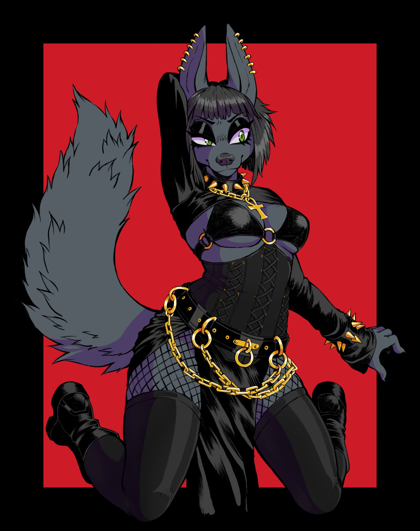 absurd_res anthro anubian_jackal black_clothing black_hair breasts canid canine canis clothing collar ear_piercing ear_ring female fishnet fishnet_legwear fur green_eyes grey_body grey_fur gutter-bunny hair hi_res jackal legwear mammal nightshade_(kadath) piercing ring_piercing spiked_collar spikes thigh_highs