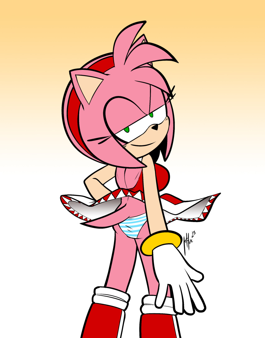 absurd_res accessory amy_rose anthro boots bracelet butt clothed clothing clothing_lift dress dress_lift eulipotyphlan female footwear fur gloves green_eyes hair_accessory hairband handwear hedgehog hi_res jewelry lettuce_(artist) looking_back mammal panties pink_body pink_fur sega solo sonic_the_hedgehog_(series) underwear