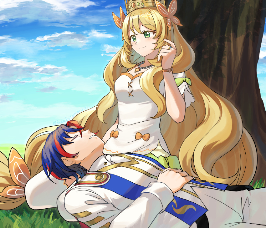 1boy 1girl absurdres against_tree alear_(fire_emblem) alear_(male)_(fire_emblem) betabetamaru blonde_hair blue_hair bow celine_(fire_emblem) crown fire_emblem fire_emblem_engage green_eyes hair_bow highres jewelry lap_pillow long_hair multicolored_hair necklace pearl_necklace red_hair ring signature sleeping smile thighhighs tree two-tone_hair very_long_hair