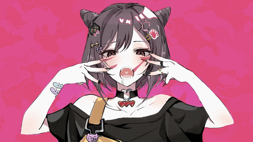 1girl animal_(vocaloid) black_shirt blush bow brown_eyes brown_hair cat_hair_ornament choker cone_hair_bun facial_mark fangs hair_bow hair_bun hair_ornament hairclip heart_o-ring heart_ring_choker highres jewelry looking_at_viewer nail_art o-ring o-ring_choker off_shoulder open_mouth paw_hair_ornament pink_background project_sekai ring saliva shinonome_ena shirt short_hair short_sleeves solo twmr_prsk upper_body