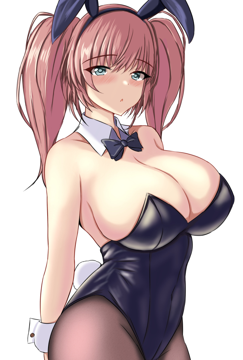 1girl animal_ears atlanta_(kancolle) bare_shoulders black_bow black_bowtie black_leotard blush bow bowtie breasts brown_hair brown_pantyhose cleavage covered_navel cowboy_shot detached_collar fake_animal_ears fake_tail grey_eyes highleg highleg_leotard highres impossible_clothes kantai_collection large_breasts leotard long_hair montemasa open_mouth pantyhose playboy_bunny rabbit_ears rabbit_tail simple_background solo strapless strapless_leotard tail traditional_bowtie two_side_up white_background wrist_cuffs