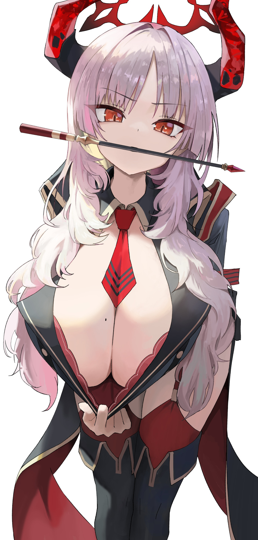 1-5iro 1girl absurdres between_breasts black_footwear blue_archive boots breasts cleavage clothes_pull demon_horns feet_out_of_frame gigantic_breasts grey_hair halo highres horns long_hair looking_at_viewer military_uniform mole mole_on_breast mouth_hold necktie necktie_between_breasts pulled_by_self red_eyes red_garter_straps red_necktie red_thighhighs satsuki_(blue_archive) shirt_pull simple_background solo thigh_boots thighhighs uniform very_long_hair white_background