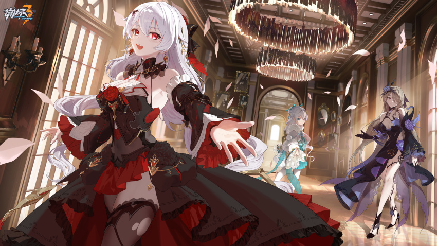 3girls absurdres bare_shoulders black_dress black_gloves blue_eyes breasts brown_hair chandelier chinese_commentary cleavage detached_sleeves dress earrings flower gloves grey_hair hair_ornament hair_over_one_eye high_heels highres holding honkai_(series) honkai_impact_3rd indoors jewelry logo long_hair long_sleeves looking_at_viewer luna_(honkai_impact) multiple_girls official_art open_mouth purple_eyes red_eyes rita_rossweisse rita_rossweisse_(fallen_rosemary) rose short_hair sleeveless sleeveless_dress smile theresa_apocalypse theresa_apocalypse_(lunar_vow:_crimson_love) theresa_apocalypse_(starlit_astrologos) thighhighs torn_clothes twintails watermark white_dress white_hair window zhuge_kongming_(honkai_impact)